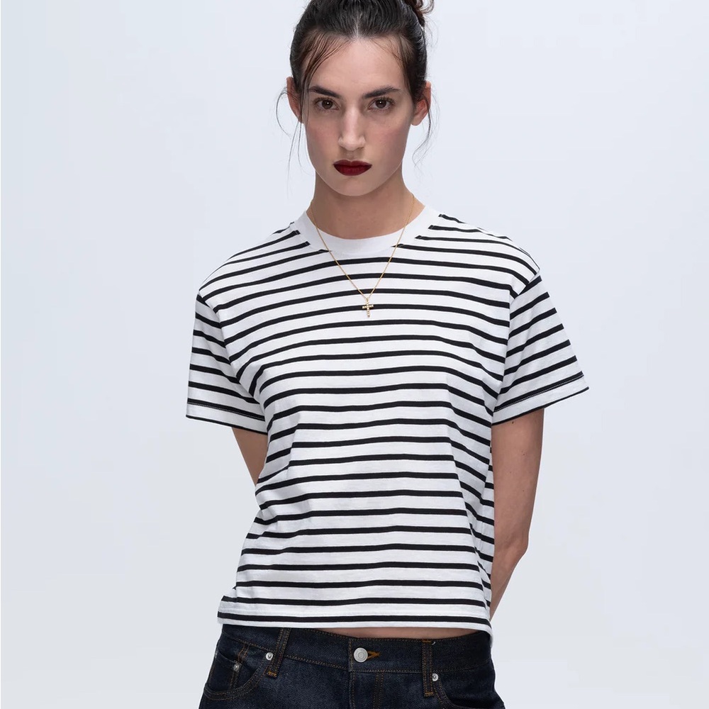 ATM Anthony Thomas Melillo Black and White Striped Short Sleeve Tee | Size XL